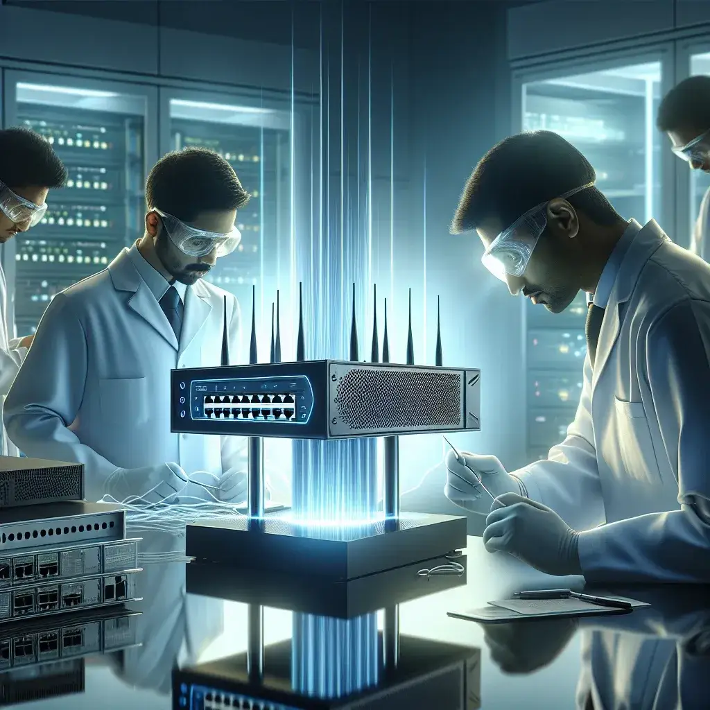 "Protótipo de roteador 6G experimental desenvolvido por pesquisadores indianos, exibido em laboratório com equipamentos de alta tecnologia."