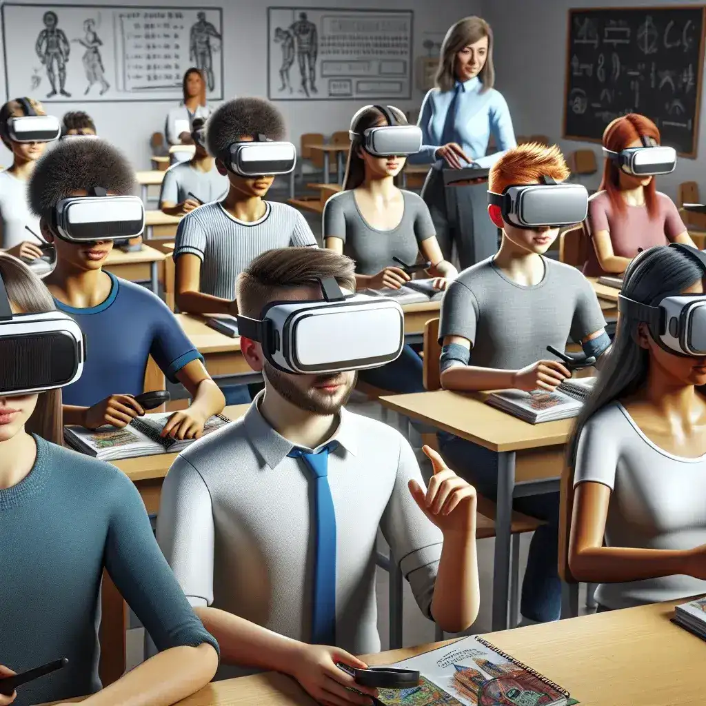 "Estudantes em sala de aula usando óculos de realidade virtual para aprendizado imersivo em escolas públicas, destacando a inovação na educação com tecnologia avançada."